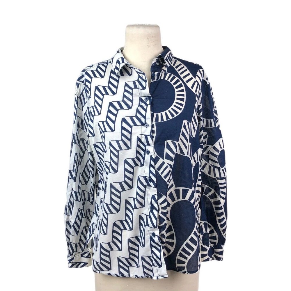 Gorman X Camilla Perkins Aquarius Splice Blouse Blue & White Button Up Size 8